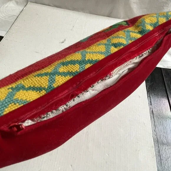 Vintage Needlepoint 15 Inch Pillow Retro Pink Red Black Flowers Velvet Colorful - Picture 4 of 6